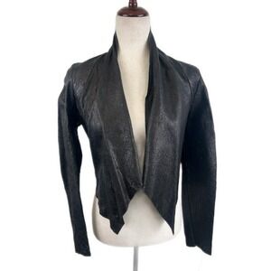 Shelley Caudill Leather Jacket Women's Size Small Black Open Drape Front Vintage
